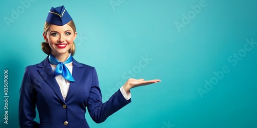 A woman in a blue uniform is smiling and holding a sign in her hand