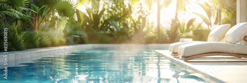 Luxurious poolside loungers at sunset - An image showcasing an inviting swimming pool bordered by stylish loungers and surrounded by lush tropical plants during sunset