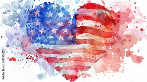 Heart-shaped American flag with paint splashes - Artistic watercolor rendering of a heart-shaped American flag, representing love for the country and freedom