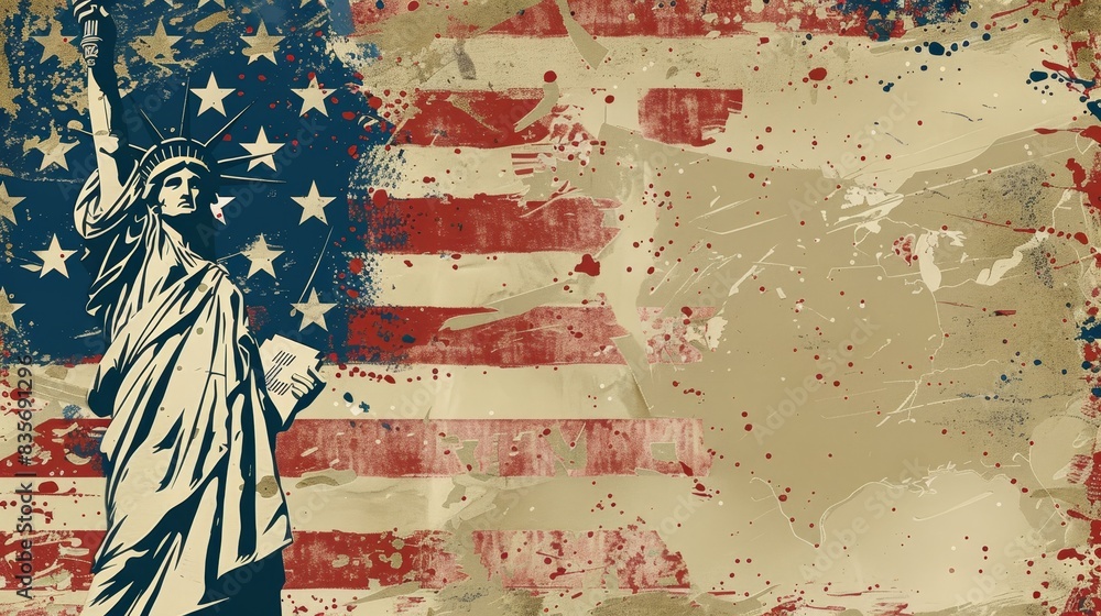 Naklejka premium Grunge American flag and Statue of Liberty - Digital artwork of the Statue of Liberty against a stylized American flag in grunge style