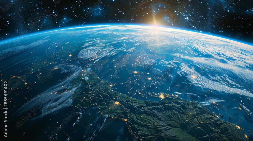 Illuminated Global Cities from Space at Night. The Earth from space, focusing on the illuminated night lights of cities spread across continents, highlighting human activity and urbanization. Illuminated Global Cities from Space at Night. The Earth from space, focusing on the illuminated night lights of cities spread across continents, highlighting human activity and urbanization.