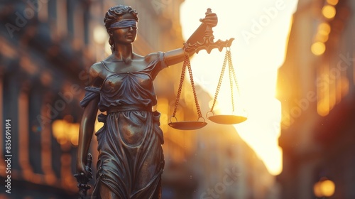 Modern Justice: Lady Justice in Urban Backdrop.
Classic statue of Lady Justice, symbolizing fairness, law, and justice, set against a vibrant, blurred cityscape, the blend of traditional legal symbols photo