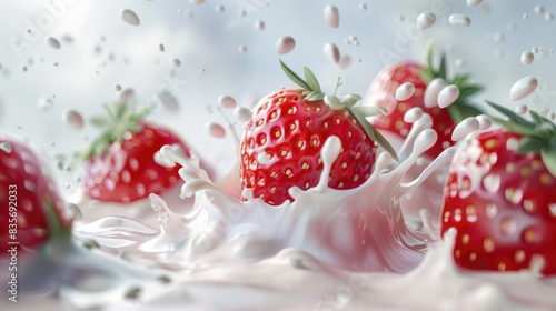 pure falling strawberry into milk with splash realistic AI generated