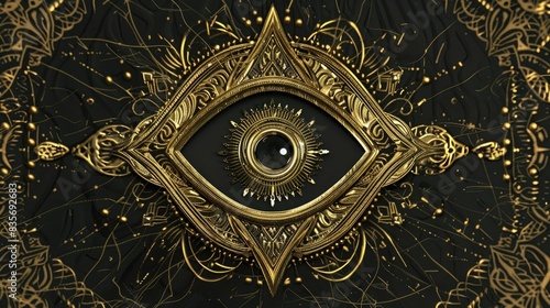Abstract symbol of All-seeing Eye in Boho Eastern Ethnic style gold on black for decoration T-shirt or for computer game. Concept magic occultism Esoteric 3d . AI GENERATION