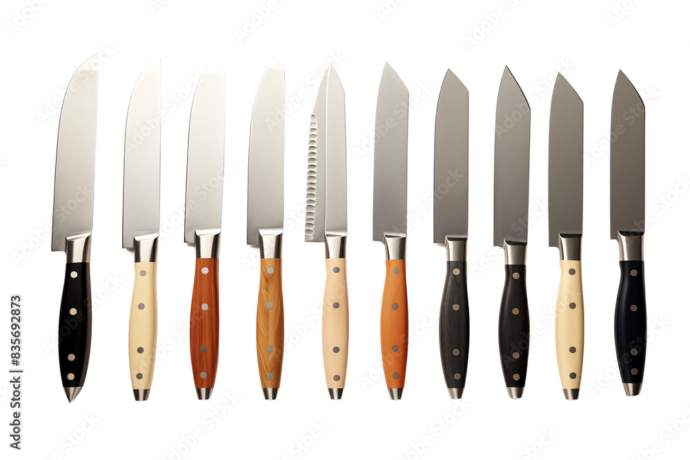 A set of kitchen knives with different blade shapes and wooden handles. A set of kitchen knives with different blade shapes and wooden handles.
