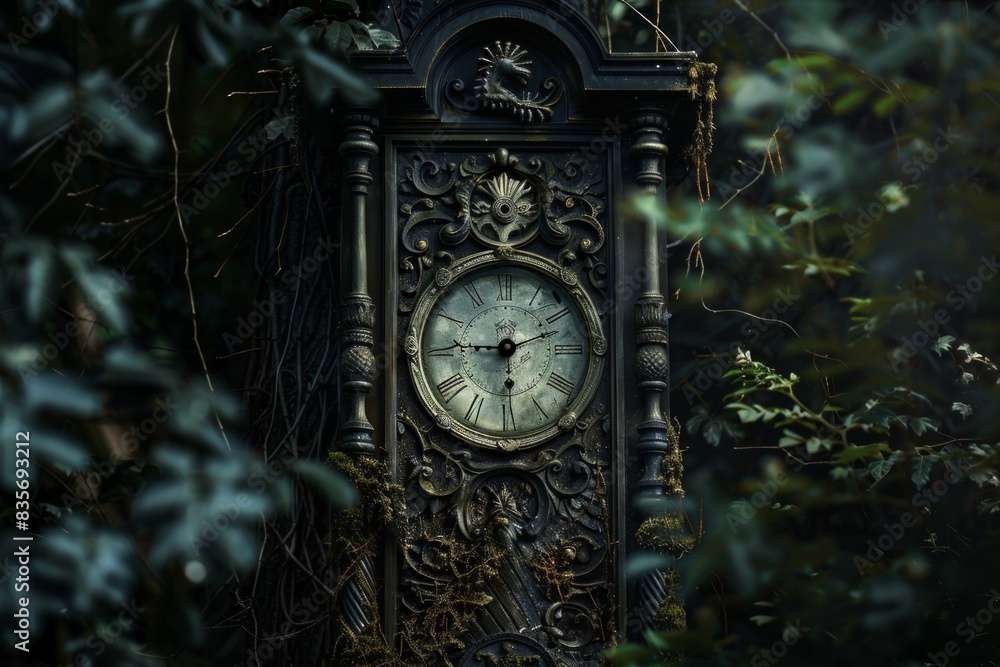 Fototapeta premium Forest scene with a clock on a tree. Time passing in nature.