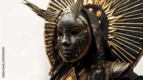 Intricate obsidian and gold costume inspired by a sun goddess style with a large moon mask covering her face, AI generated