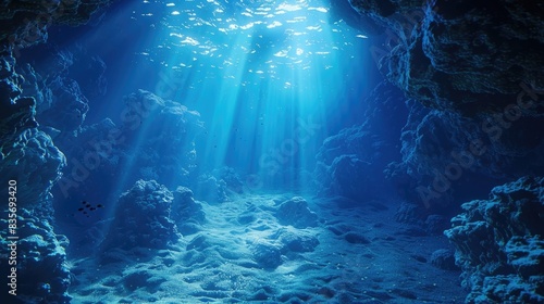 Underwater world at the depth of the ocean. Underwater gorges and tunnel. Lots of underwater organisms and fish. Underwater deep world, sea darkness, algae glow, blue neon, corals