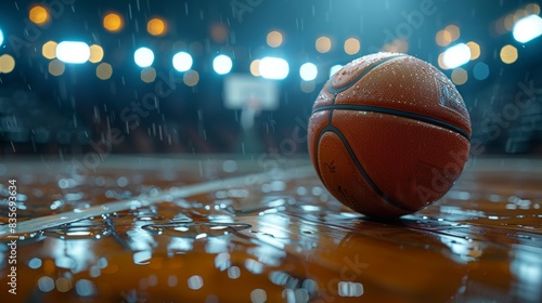Rainy Game Night: Basketball Under the Lights. A basketball drenched in raindrops, resting on a gleaming wet court under the atmospheric glow of stadium lights. 