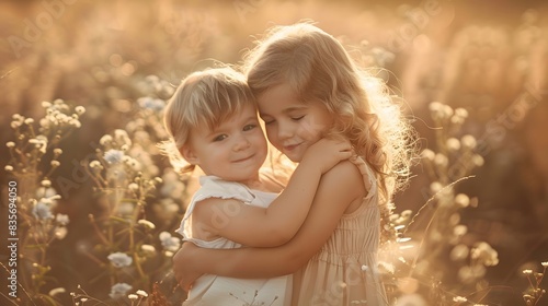 two children hugging in the field