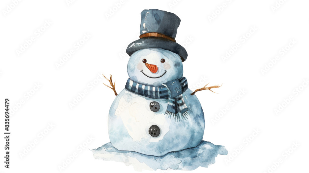Watercolor painting of a snowman with a blue scarf and a hat is smiling. Isolated on transparent background. Watercolor painting of a snowman with a blue scarf and a hat is smiling. Isolated on transparent background.