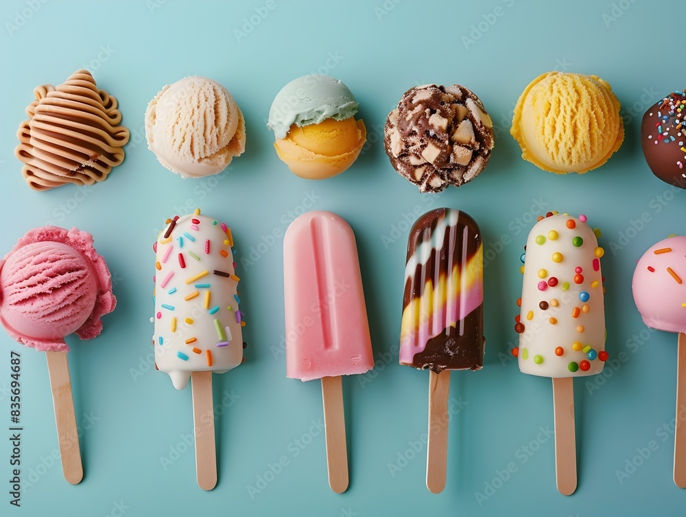 Carnival Delights Assorted Ice Cream Treats on Cyan Minimalist Background Carnival Delights Assorted Ice Cream Treats on Cyan Minimalist Background