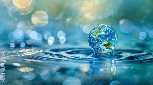 Environmental Awareness - Earth in Water Globe. a crystal-clear water globe containing a miniature Earth, set against a backdrop of glistening water droplets and a colorful, symbolizing environmental.