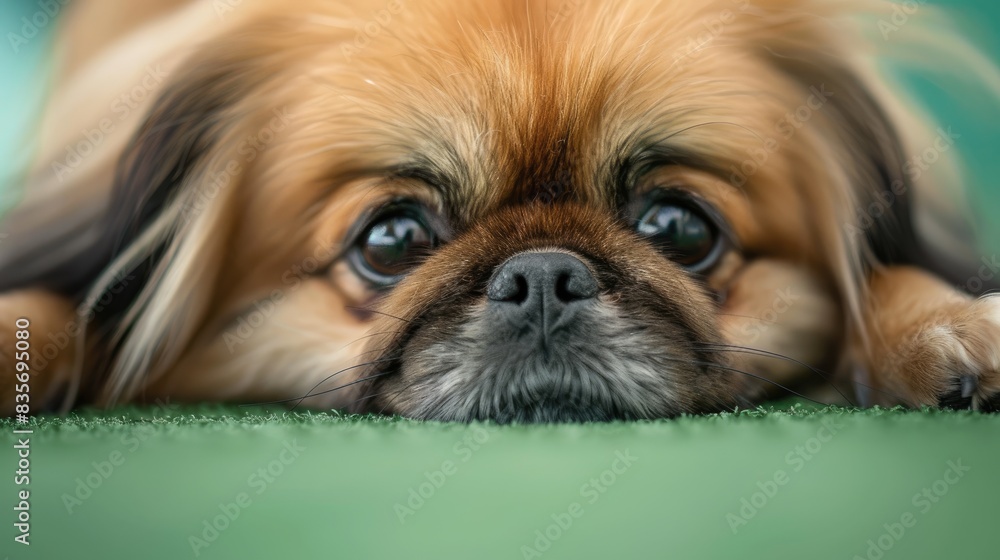 Pekingese resting on a green surface Up close