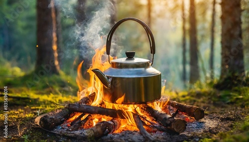 Kettle on a bonfire in the forest. Preparing food on campfire in wild camping.