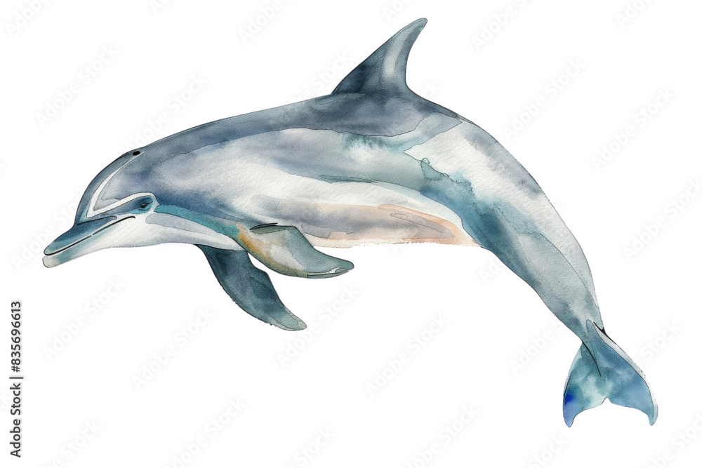 Obraz premium Watercolor painting of a dolphin is swimming in the ocean. Isolated on transparent background.