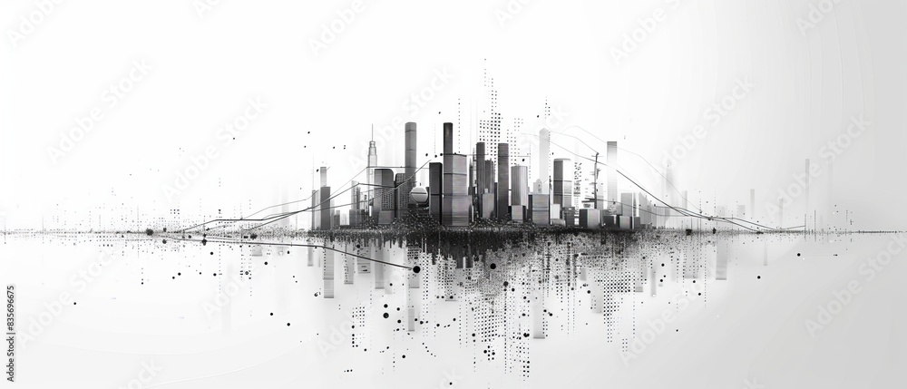 Abstract black and white city skyline illustration showcasing modern architecture and urban design, with reflections on a calm surface. Abstract black and white city skyline illustration showcasing modern architecture and urban design, with reflections on a calm surface.