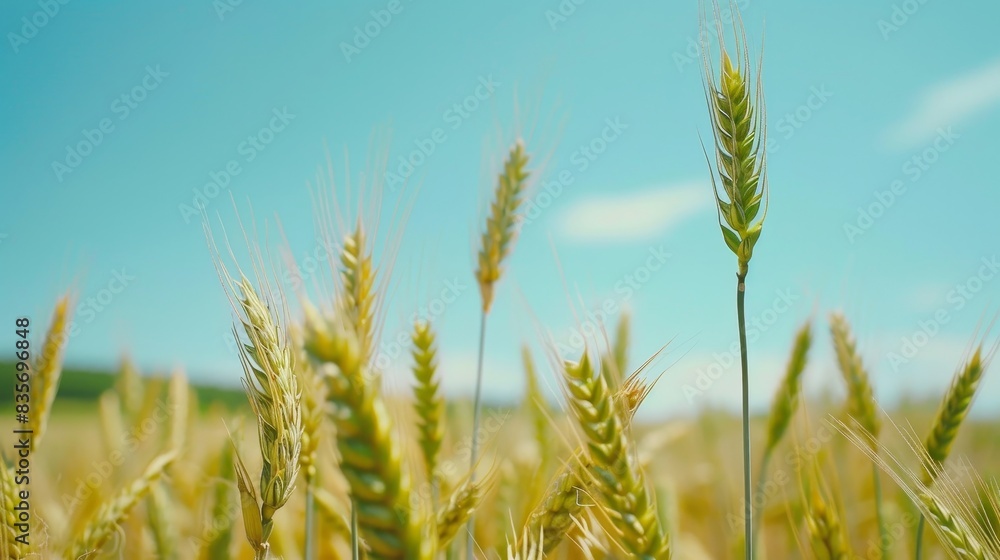 Golden wheat field under blue sky - A vibrant image of golden wheat ears against a clear blue sky, conveying a feel of summer and harvest Golden wheat field under blue sky - A vibrant image of golden wheat ears against a clear blue sky, conveying a feel of summer and harvest
