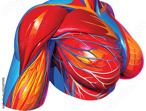 Illustrative representation of the female breast anatomy from a side view, highlighting muscles, tissues, and mammary glands.