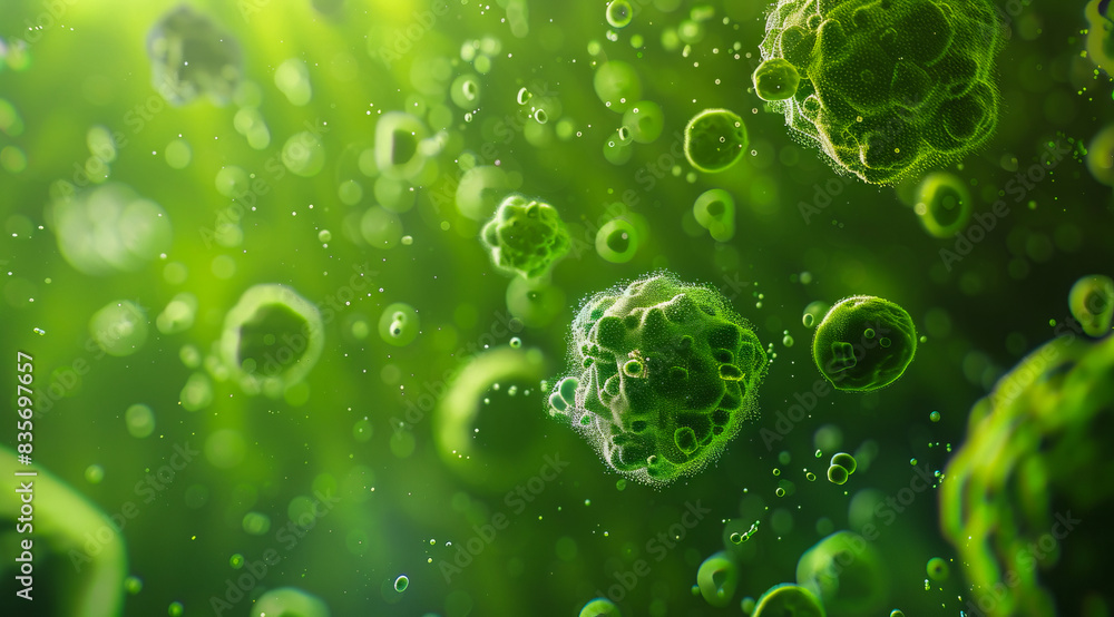 A green background with bubbles and green cells. A green background with bubbles and green cells.