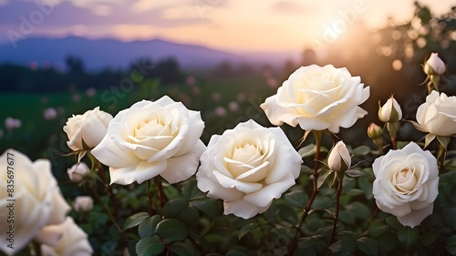 roses in the sunset White and pink rose flowers field blooming with light making roses glowing in the beautiful evening background