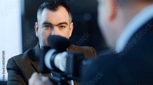 Affable newsman is listening to the interviewed.