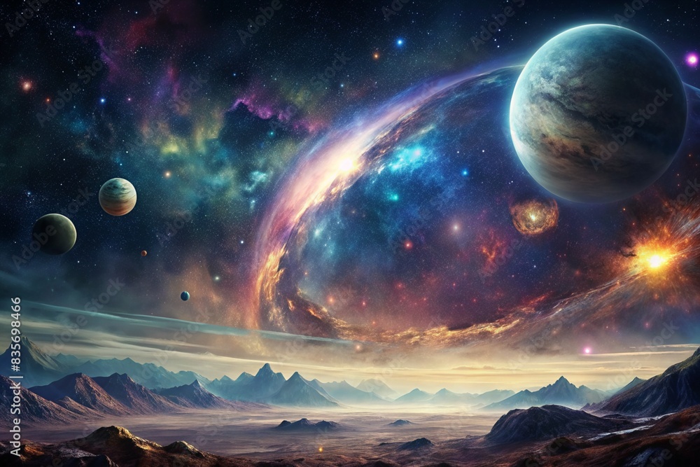 an awe-inspiring cosmic landscape with distant galaxies, nebulae, and planets, capturing the vastness and mystery of outer space.
an awe-inspiring cosmic landscape with distant galaxies, nebulae, and planets, capturing the vastness and mystery of outer space.