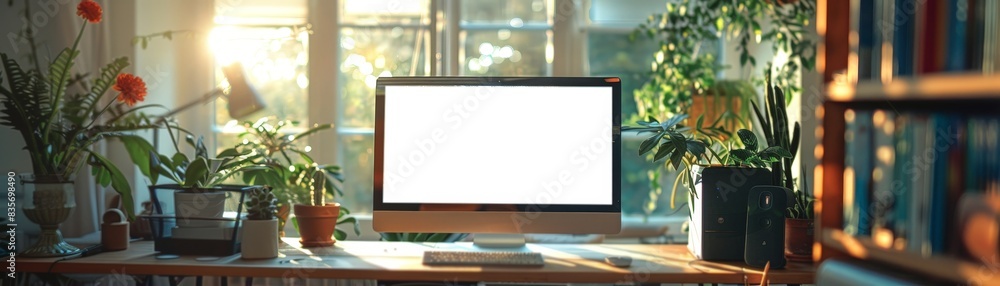 Modern Home Office Desk Setup with Natural Light Illuminating Computer Station Modern Home Office Desk Setup with Natural Light Illuminating Computer Station
