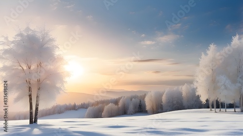 winter landscape with snow,sunrise in the mountains,Winter scene with copy space and sun low over the horizon at sunrise in a wintry vista with white trees and snow falling make up the banner backgrou © Adnan