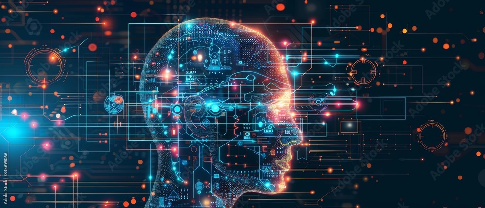 Futuristic digital visual representing AI and human evolution with a network of interconnected nodes within a human head profile. Futuristic digital visual representing AI and human evolution with a network of interconnected nodes within a human head profile.