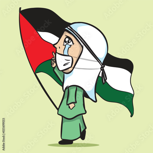  Muslim girl holding up the Palestinian flag