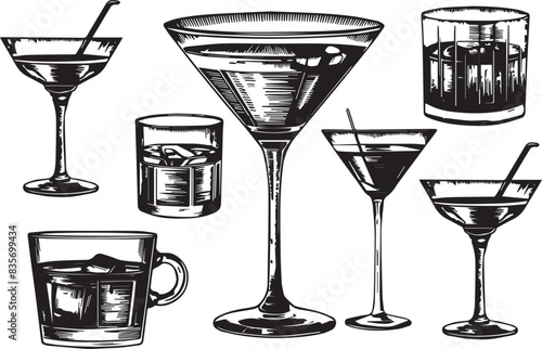 Hand-drawn Cocktails alcoholic daiquiri, old fashioned, manhattan, martini, sidecar glass hand drawn engraving vector illustration vintage style outline vector  illustration 
