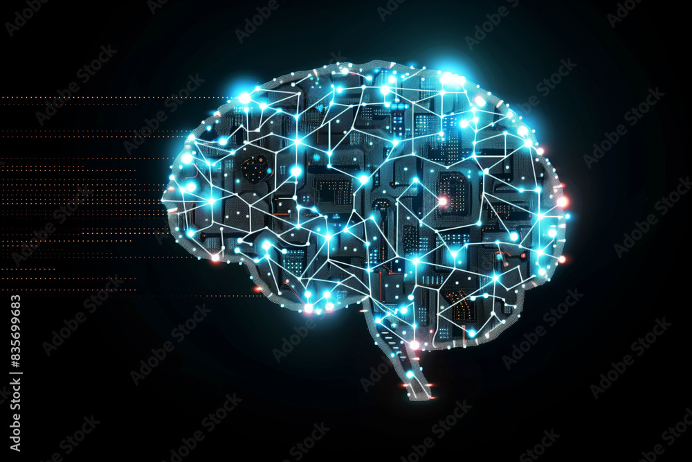 A brain made of wires and lights. The brain is blue and white. The brain is surrounded by a black background A brain made of wires and lights. The brain is blue and white. The brain is surrounded by a black background