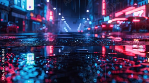 Wet asphalt night city streets, neon light, reflection, puddles. Generation AI