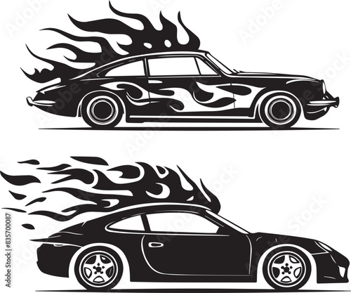 Flame car decal fire car sticker vector art silhouette black graphic on white background, illustration
