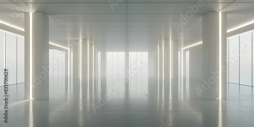 A hallway with a background of glass in the style of soft focus. modern empty office interiors 