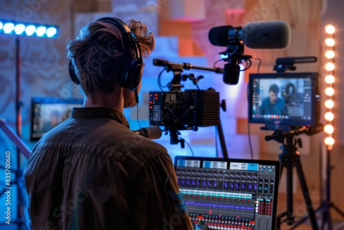 A teacher recording an educational video with a professional setup