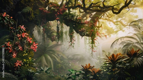 A lush jungle scene featuring a large  ancient tree with hanging vines and a variety of tropical flowers  isolated on transparent background.