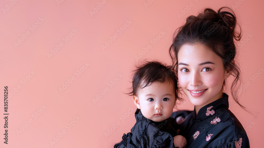 Chinese mother smile and holding her baby in her arm, nursery family love Chinese mother smile and holding her baby in her arm, nursery family love