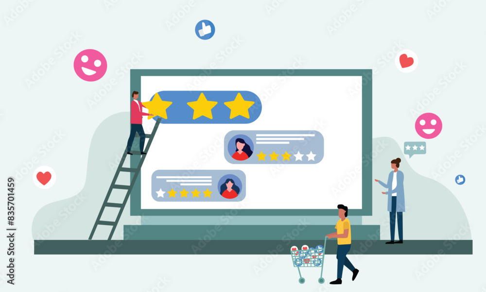 People giving star feedback and choosing satisfaction rating on computer site . Customer review rating and feedback concept. Flat vector illustration. People giving star feedback and choosing satisfaction rating on computer site . Customer review rating and feedback concept. Flat vector illustration.