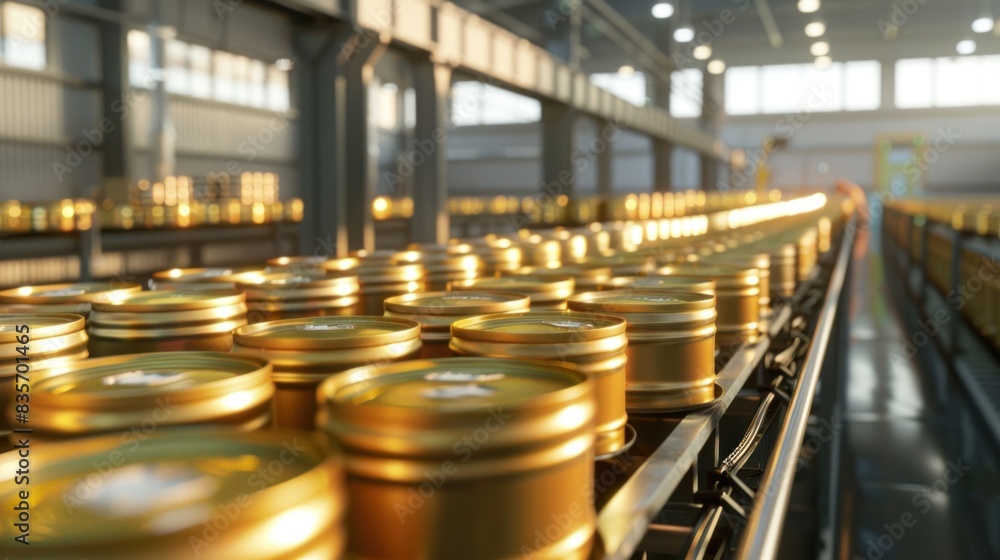 In a clean, brightly lit factory producing tinned products, there is a line of canned food. In a clean, brightly lit factory producing tinned products, there is a line of canned food.