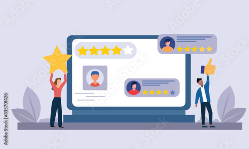 People giving  star feedback and choosing satisfaction rating on computer site . Customer review rating and feedback concept. Flat vector illustration.