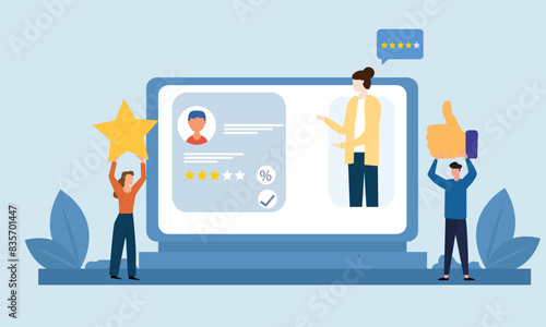 People giving star feedback and choosing satisfaction rating on computer site . Customer review rating and feedback concept. Flat vector illustration.
