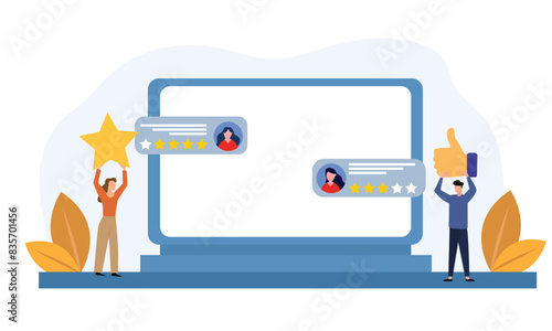 People giving star feedback and choosing satisfaction rating on computer site . Customer review rating and feedback concept. Flat vector illustration.