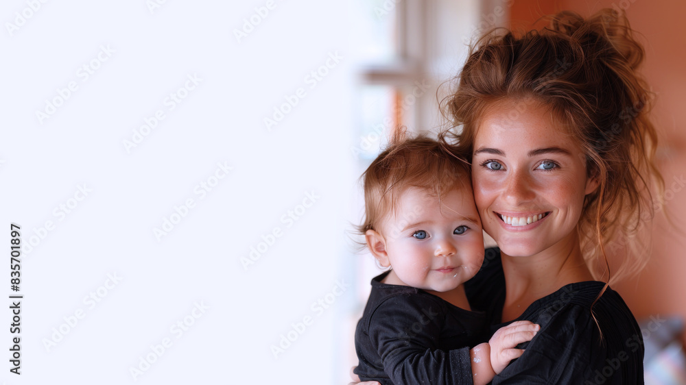 French mother smile and holding her baby in her arm, nursery family love French mother smile and holding her baby in her arm, nursery family love