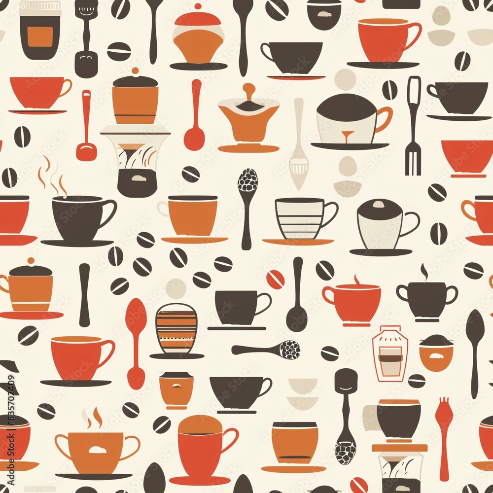 A seamless arrangement of coffee-related items including cups, mugs, coffee beans, and spoons, forming a vibrant and repetitive pattern