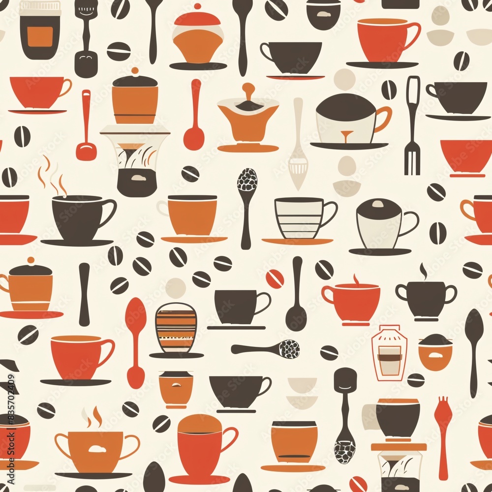 A seamless arrangement of coffee-related items including cups, mugs, coffee beans, and spoons, forming a vibrant and repetitive pattern A seamless arrangement of coffee-related items including cups, mugs, coffee beans, and spoons, forming a vibrant and repetitive pattern
