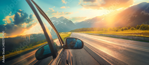 view side mirror of car summer roadtrip concept background photo