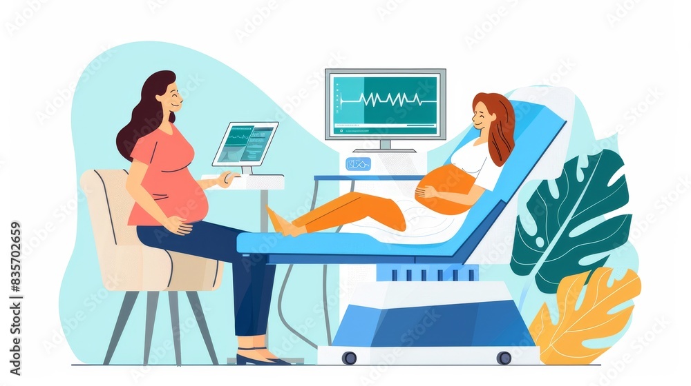 Fototapeta premium Pregnant woman in a medical clinic, a pregnant female lying on a bed with a doctor examining her and a fetal heart rate monitor, prenatal care, woman's health