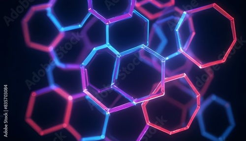 Layered and transparent blue  purple and red hexagons on dark blue background. Abstract hexagonal illustration. Blurred and faded hexagons on sides.